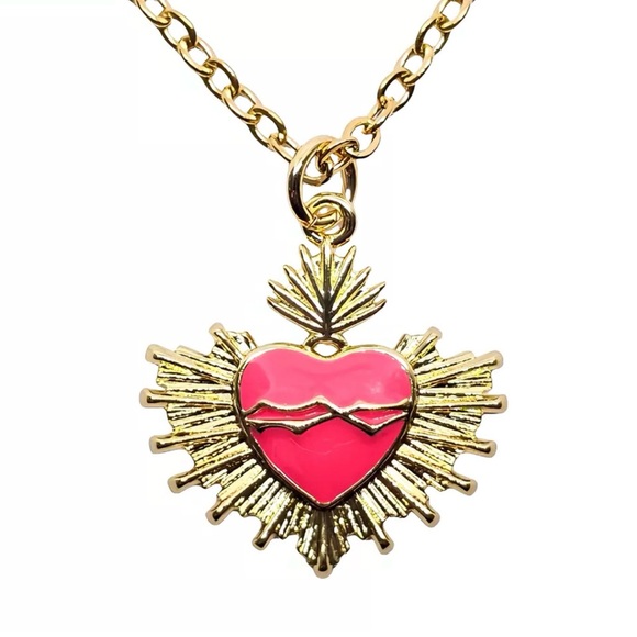 Hot Pink Sacred Heart Crown of Thorns Fiery Radiant Jesus Mary Catholic Necklace - Picture 6 of 16